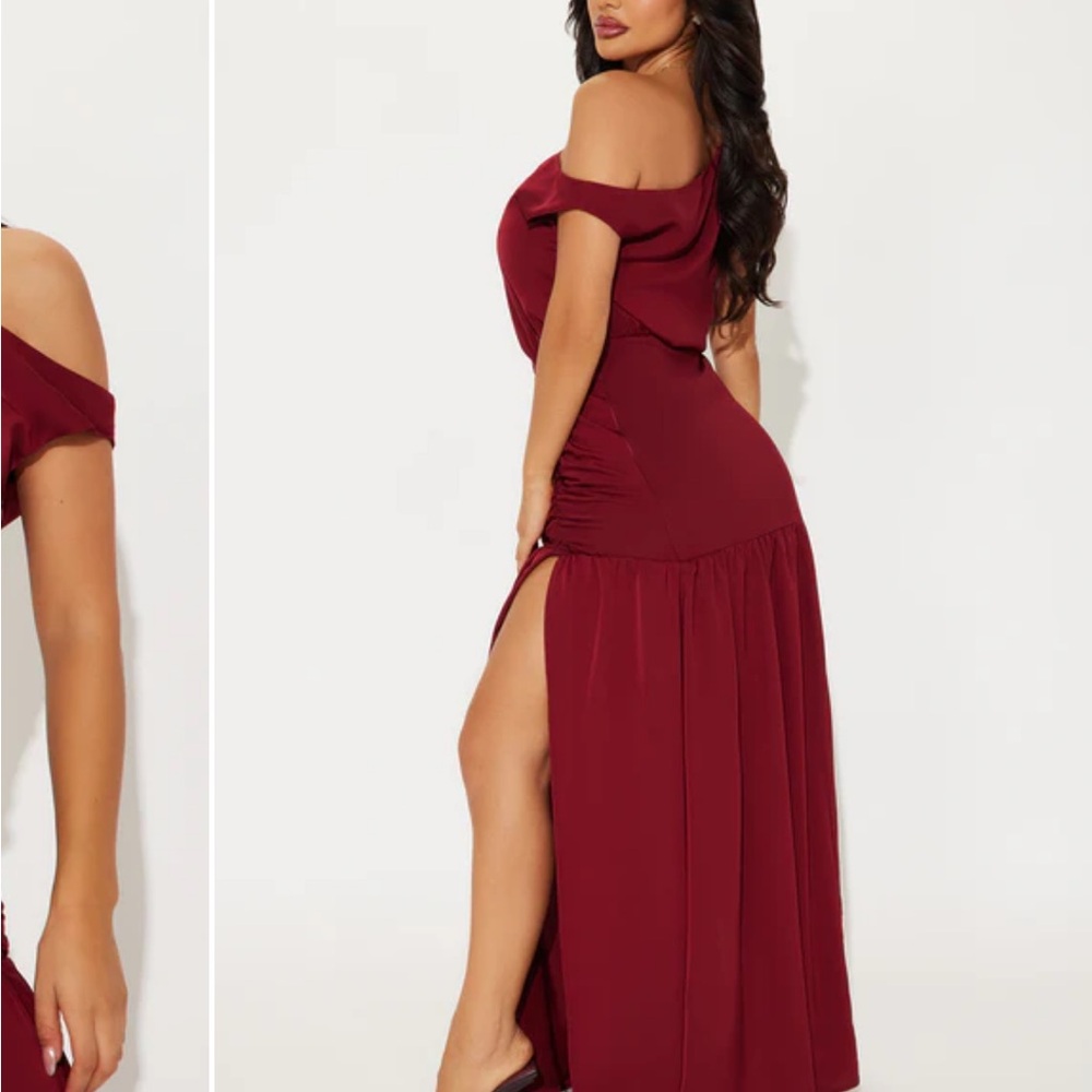 ***NEW WITH TAGS*** Fashion Nova One-Shoulder Burgundy Maxi Dress with Side Slit